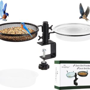 HRAYLTOP Deck Bird Feeders with Metal Mesh Tray and 2 Water Bowls - Detachable Adjustable Heavy Duty Clamp Bracket, Rail Bird Bath Balcony Porch Railing Feeder Perfect for Attracting Birds.