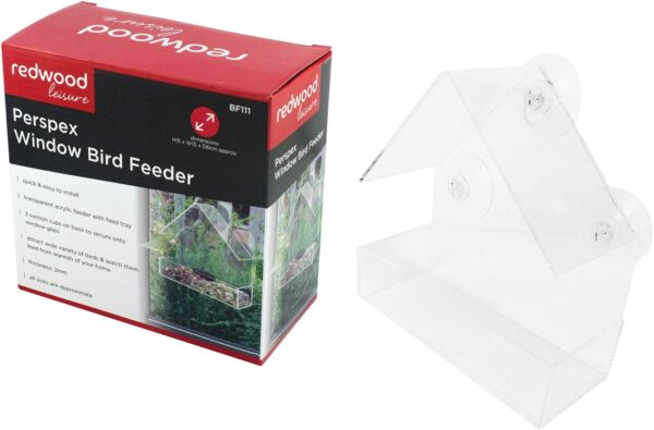 1x Clear Perspex Window Bird Feeder - Hanging Wall Fence Tree Mounted Off-Ground Outdoor Garden Wild Feeding Food Station - By Redwood