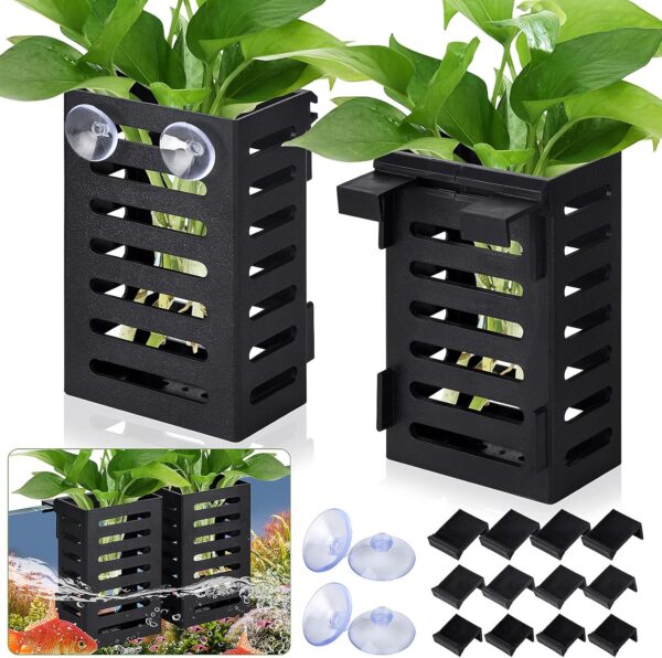 2 Pack Aquarium Plant Holder with Hooks and Suction Cups, Hanging Aquatic Planter Cups for Aquarium Decorations Plants, Aquarium Decor for Fish Tank Live Aquarium Plants