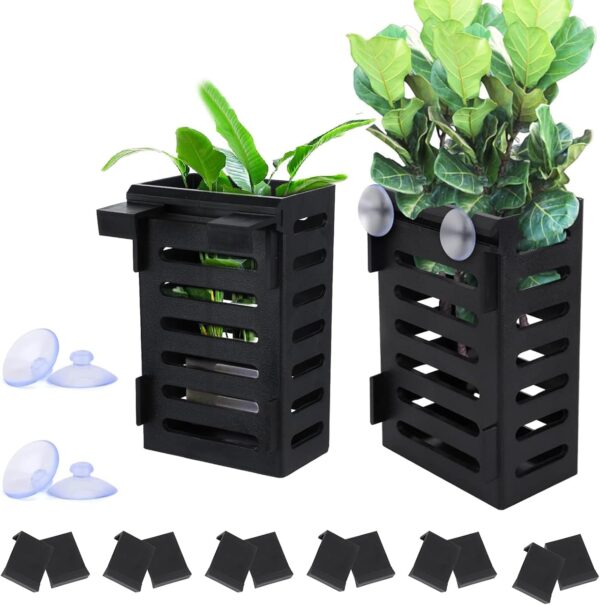 Anseom 2 Pack Upgraded Aquarium Plant Holder with Hooks and Suction Cups Hanging Fish Tank Plant Cups Multipurpose Aquatic Plant Pot for Emersed Plants Cultivation