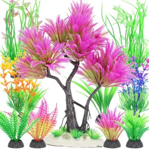 Borlech Aquarium Plants Decorations, Fish Tank Artificial Plastic Tree Plant Decoration Set 10 Pieces (Rose Red)