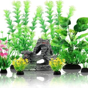 Fish Tank Accessories Artificial Plants, QUOZUO 9pcs Green Aquarium Decorations Plants and Cave Rock Decor Set, Aquarium Decor Plastic Plants