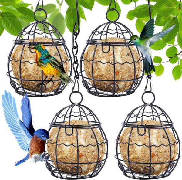 Fzyisw 4Pcs Fat Ball Feeder, Bird Feeders Hanging, Metal Fat Ball Bird Feeder Holder with 4 S-Shaped Hooks, Fat Ball Feeder for Feeding Outdoor Garden Wildlife Birds