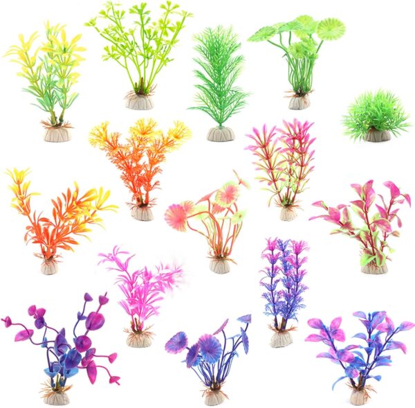 Huayue 15 x Aquarium Plants Decoration, Plastic Plants Aquarium Artificial Ornamental Plants for Aquatic Plants Plastic with Different Sizes Colours and Shapes