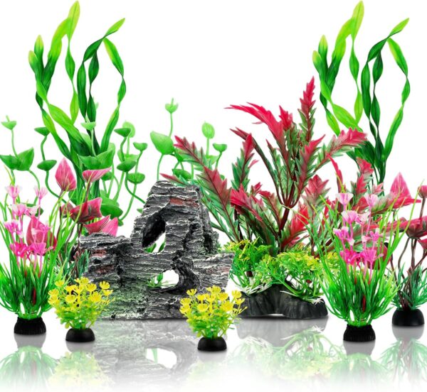 QUOZUO Fish Tank Accessories Aquarium Plants, 12pcs Colorful Fish Tank Artificial Plants and Cave Rock Decor Set, Aquarium Decorations Plants