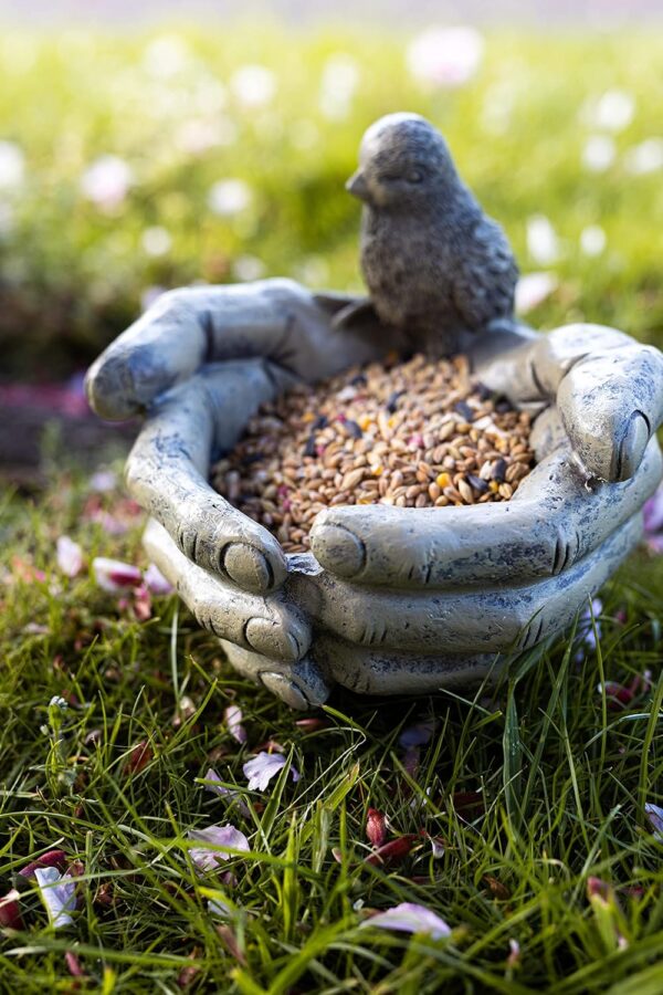 garden mile® Stone Effect Open Hands Garden Ornaments Bird Feeder Station Ornamental Bird Bath Stone Ornaments For Garden Freestanding Bird Bath or Feeding Station Suitable for Seed Peanuts