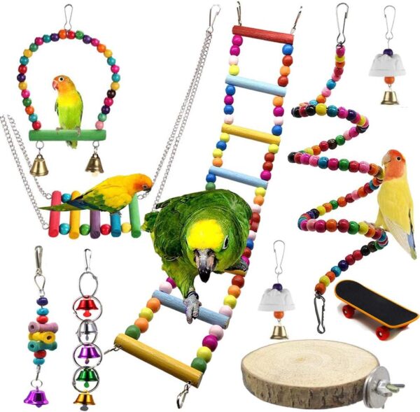 10Pack Pet Bird Toys Bead Swing Bell String Wood Nibble Skewer Bridge Ladder Station Board Platform Skateboard Cage Accessories for Parrot Macaw Parakeet Conure Cockatiel Budgie & Lovebirds Gift