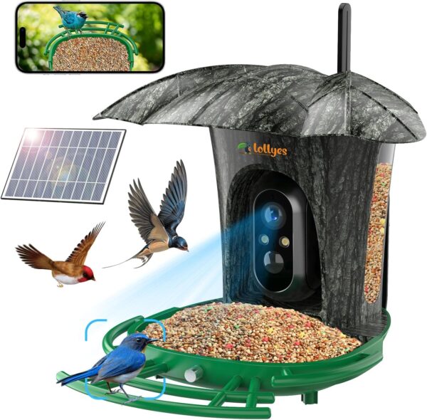 lollyes Smart Bird Feeder Camera, AI Bird Watching Camera 1080P 64G Auto Capture/Record Videos 2.4G WiFi Camera with 7W Solar Panel, Instant App Notifications (Bark Pattern)