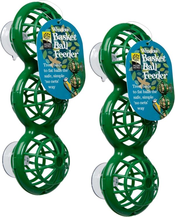 Fat Ball Bird Feeder - Jacobi Jayne® Basketball™ Window Feeder. Small Easy Clean Suet Ball Holder Cage For Wild Birds Only. Pack Of Two Feeders For Suet Balls. Green Suet Bird Feeder.