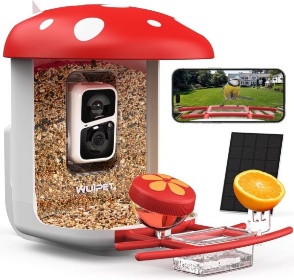 WUIPET Bird Feeder with Camera with AI Identify Bird Species Solar Panel, Smart Bird Feeder Cam, Close-up Shots, Instant Arrival Alerts, Capture Bird Video, for Bird Lover, Red