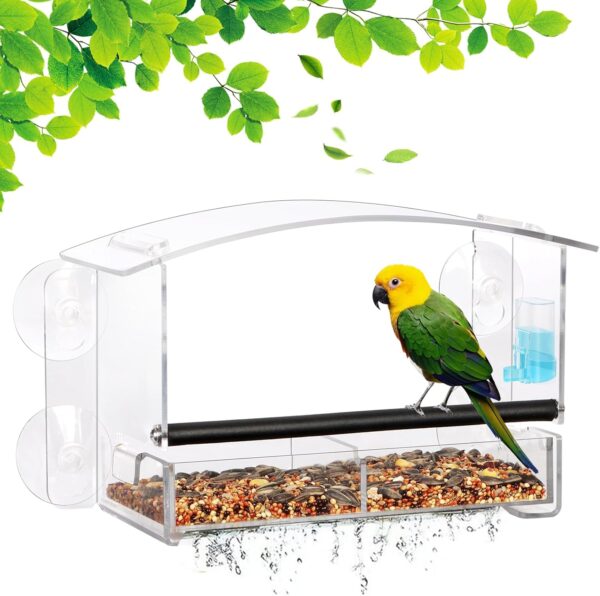 Urban Deco Window Bird Feeder with Strong Suction Cups,Acrylic Bird Feeders,Bird Seed Feeder with Drainage Holes and Removable Bird Seed Tray Bird Window Feeder for Garden Clear Bird Feeder for Window