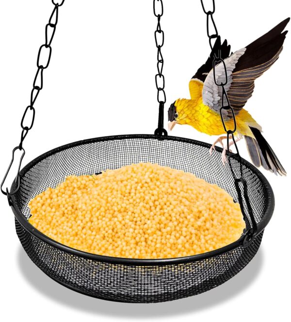 Hanging Bird Feeder with Tray, Metal Bird Feeder Seed Catcher Tray Feeding Dish with Chain for Garden Outdoor Black