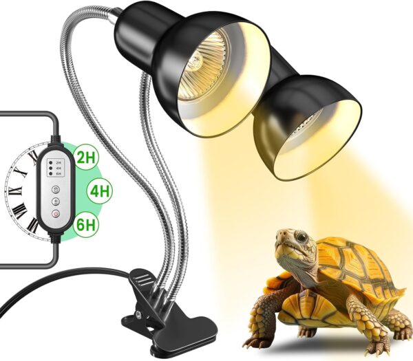 GlowUp Tortoise Heat Lamp,Dual-Head Reptile Heat Lamp with Cycle Timer,360° Rotatable Basking Lamp with Clamp,Heat Lamp for Lizard,Chick,Bearded Dragon-No Bulb