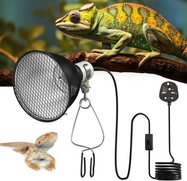 GlowUp E27 Reptile Heat Lamp Holder, 5.5 Inch 200W Reptile Reflector Dome Lamp with Clip and Guard, Heat Lamp Holder for Tortoise, Reptiles-for UVA UVB,Infrared Heat Bulbs (NO Bulb)