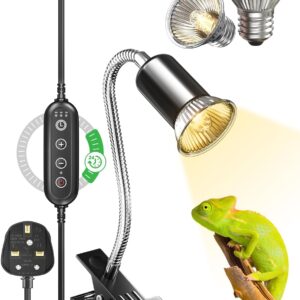 GlowUp Reptile Heat Lamp with Cycle Timer, UVA UVB Tortoise Heat Lamps with Clip, 360° Rotatable Reptile Basking Light for Reptiles Lizard, Turtle, Snake, Chameleon, E27 50W 2 Bulbs Includes