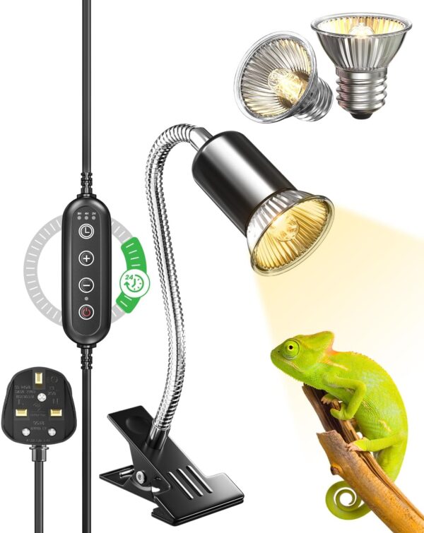 GlowUp Reptile Heat Lamp with Cycle Timer, UVA UVB Tortoise Heat Lamps with Clip, 360° Rotatable Reptile Basking Light for Reptiles Lizard, Turtle, Snake, Chameleon, E27 50W 2 Bulbs Includes