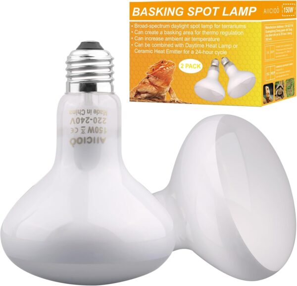 AIICIOO Reptile Basking Lamp Bulb Flood Light Basking Bulb 150W Daylight Basking Bulb Heat Bulb Reptile for Lizard Snake Turtle 2 Pack White