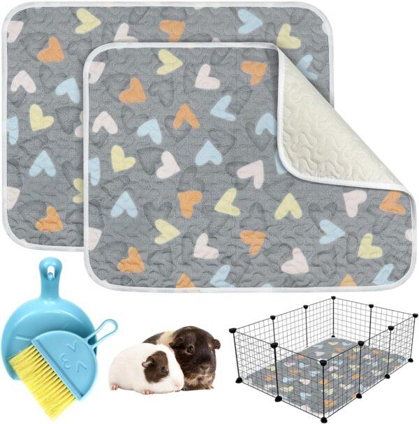 2 PACK Guinea Pig Cage Liner with Cleaning Brush, Fast Water Absorption Reusable Washable Pee Pads, Soft and Comfortable Mat for Small Animals Chinchillas Hamster Rabbits Guinea Pig Bedding (24"x 18")