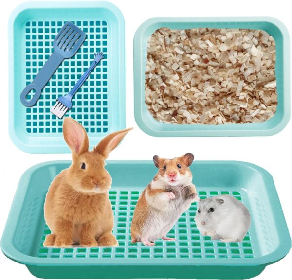 KAKOLOPT Hamster Chinchilla Ferret Guinea Pig Litter Box For Cage Sand Bath Pan Bedding Box Bunny Corner Litter Potty Trainer Pet Toilet Small Animal Litter Tray Pan+Grate +Sand Shovel+Broom Brush