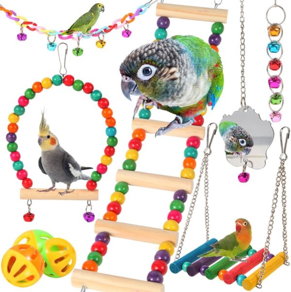 Bird Toys for Parakeets 9Pcs,Bird Wooden Ladder Bridge Parrots Toys Budgie Toys Bird Cage Accessories,Swing Hammock for Conure,Cockatiel,Love Birds, Finches, Mynah,Budgerigar