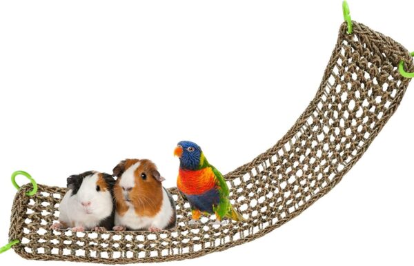 100 x 18 CM Bird Seagrass Mat, Natural Seagrass Woven Net, Bird Hammock Mat with Hooks, Bird Cage Accessories, Climbing Rope Ladder Chew Toys for Cockatiel Hamster Guinea Pig Rats Hamster Parakeet