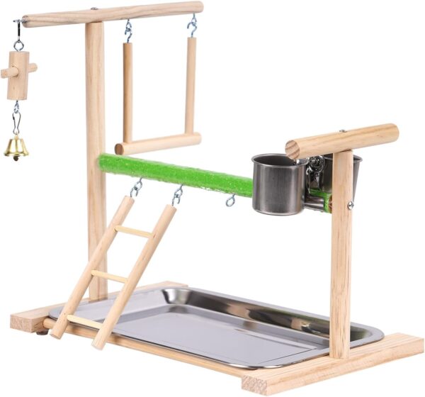 Parrots Playground Bird Perch Wood Playstand Stand with Ladder Swing Feeder Cups Chew Toy for Parakeet Conure Cockatiel Budgie Lovebird Finch Small Birds