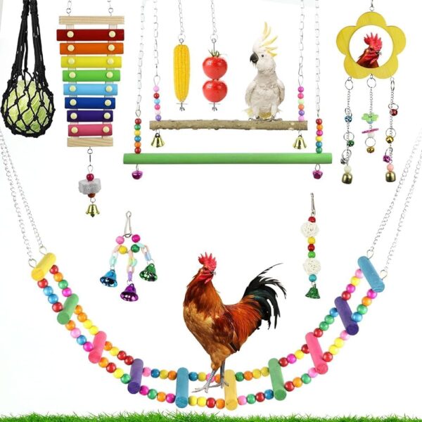 mumisuto 10 Pieces Chicken Toys for Coop Accessories, Chicken Swing Toys Chicken Coop Swing Flexible Ladder String Bag Vegetable Skewer String Feeder for Hens Parrot Bird