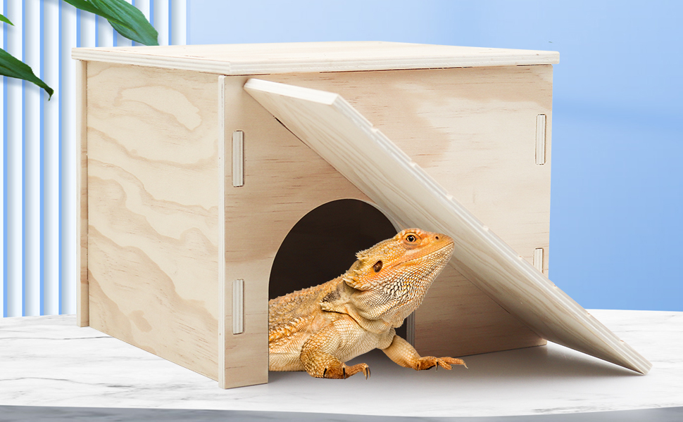 Large Bearded Dragon Hide Cave, Wooden Lizard Hideout with Climbing Ramp