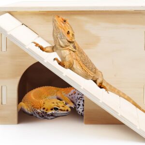 Large Bearded Dragon Hide Cave, Wooden Lizard Hideout with Climbing Ramp, Reptile Habitat with Basking Platform, Tank Accessories for Bearded Dragon Lizard Chameleon Hamster