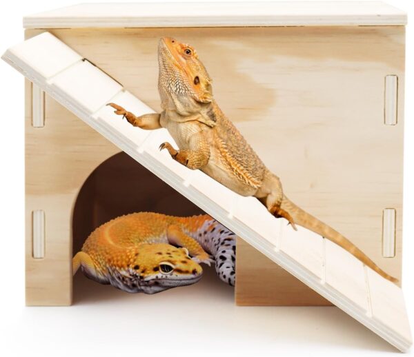 Large Bearded Dragon Hide Cave, Wooden Lizard Hideout with Climbing Ramp, Reptile Habitat with Basking Platform, Tank Accessories for Bearded Dragon Lizard Chameleon Hamster