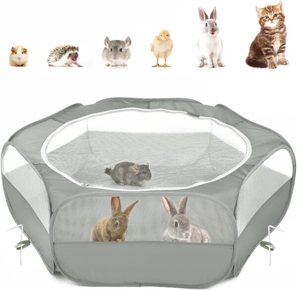 Pawaboo Small Animals Playpen, Breathable & Waterproof Small Pet Cage Tent with Zippered Cover, Portable Outdoor Yard Fence for Kitten/Puppy/Guinea Pig/Rabbits/Hamster/Chinchillas, Gray