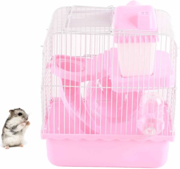 Hamster Cage, Rat Cage, 2 Tier Large Space High Chassis Design Wire Hamster Habitat Cage for Pet Hamster Small Animals(Pink)