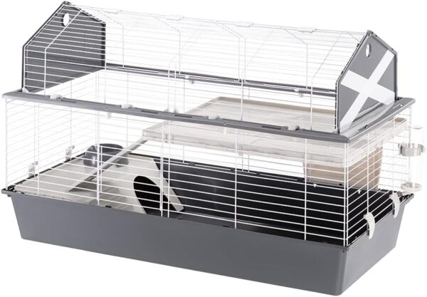 Ferplast Large rabbit cage BARN 120 Small pet home, American Barn Setting, Fully opening roof, Accessories and decorative stickers included, 119 x 58 x h 77 cm Grey