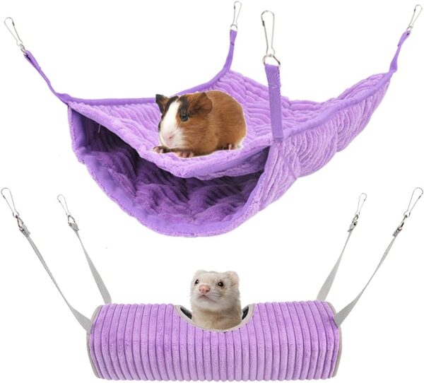 Small Animal Hammock, Ferret Hammock Bed, Hammock and Tunnel Cage Suit for Rat,Hamster, Squirrel, Sugar Glider, Guinea Pigs Ferret Accessories,Hanging Hideout Tunnel Tube Toy for Cage (Purple)