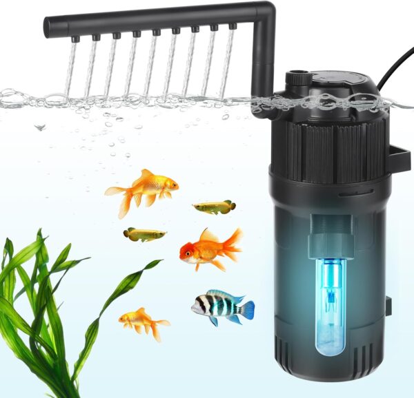 BAITAI Internal UV Fish Tank Filter,400L/H 4W Aquarium Filter Pump,Turns Green Water to Clear,5-in-1 Filter Pump for 15-80L Aquarium,Flow Rate and Direction Adjustable