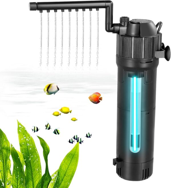 Internal Fish Tank Filter, Aquarium Filter with UV Steriliser Turns Green Water to Clear, 650L/H 6W Aquarium Filter Pump, 5-in-1 Filter Pump for 150L Fish Tank, Flow Rate and Direction Adjustable