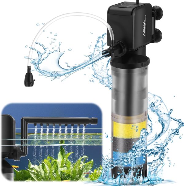 LYtech Fish Tank Filter Aquarium Filter 350GPH for 300-1200L Tank Water Cleaning Filter Pump with Filter Cartridges, 20W Submersible Water Pump, 2 Mode (Oxygenation/Rainfall) for Saltwater Freshwater