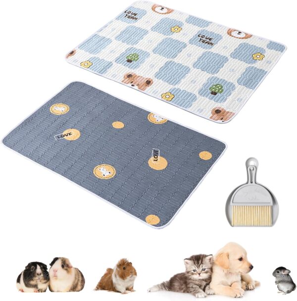 2 Packs Guinea Pig Cage Liner with Mini Dustpan Brush Set Reusable Guinea Pig Bedding Washable Fast Absorbent Pee Pads Non-slip Waterproof Mat for Small Animals, Hamsters, Chinchillas, Rabbit Bedding