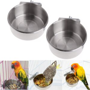 2Pcs Parrot Food Water Bowls,Bird Feeding Dish Cups Set,Stainless Steel Pet Hanging Bowl,Bird Cage Water Bowl with Clamp for Small Animal,Parrot Cockatiel Conure Budgies Parakeet Lovebird Chinchilla