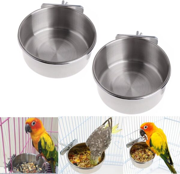 2Pcs Parrot Food Water Bowls,Bird Feeding Dish Cups Set,Stainless Steel Pet Hanging Bowl,Bird Cage Water Bowl with Clamp for Small Animal,Parrot Cockatiel Conure Budgies Parakeet Lovebird Chinchilla