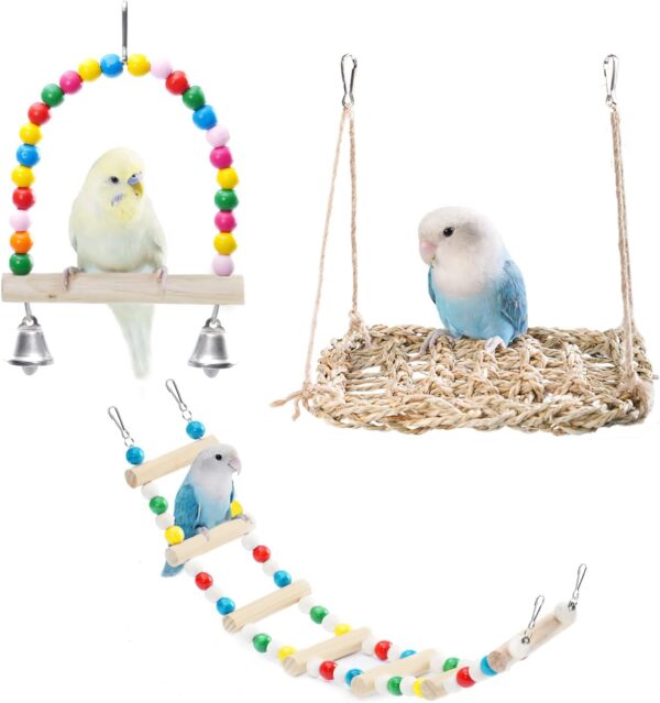 3 Pcs Bird Toys, Parrot Toys, Bird Ladder, Swing, Perch, Rest Platform, Hammock, Exercise Toys, Stress-Relief, Hanging on Cage, Bird Cage Accessories, for Budgies, Cockatiels and Other Pet Birds