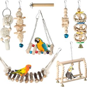 8 PCS Bird Parrot Toys Swing Hanging, Bird Cage Accessories Toy Perch Ladder Chewing Toys Hammock for Conures, Love Birds, Small Parakeets, Cockatiels, Parrot