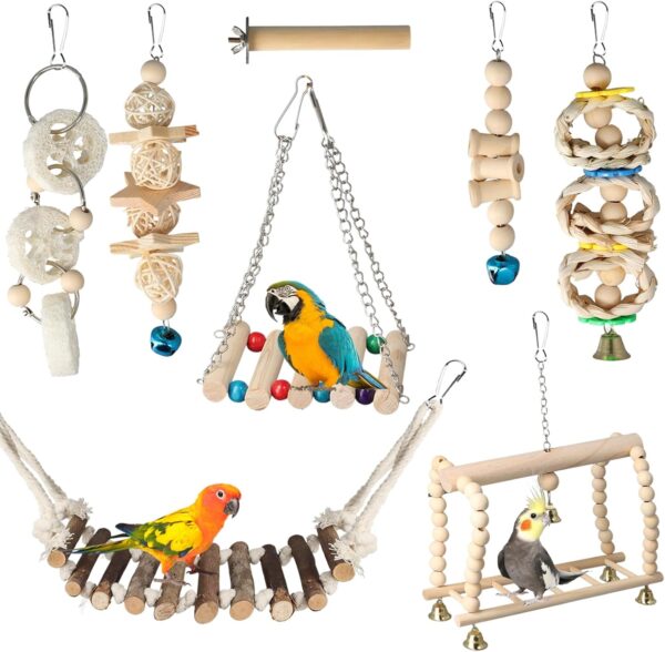 8 PCS Bird Parrot Toys Swing Hanging, Bird Cage Accessories Toy Perch Ladder Chewing Toys Hammock for Conures, Love Birds, Small Parakeets, Cockatiels, Parrot