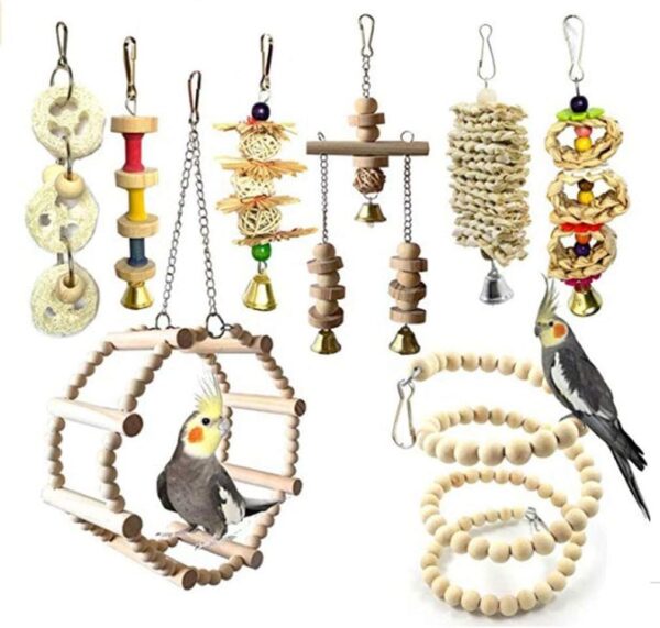 8 Pcs Small Bird Parrot Swing Chewing Grinding Toys Set - Bird Bell Toys for Cage Hanging - Ideal Wood Toys for Small Parakeets, Cockatiel, Budgie, Finches and Love Birds #1