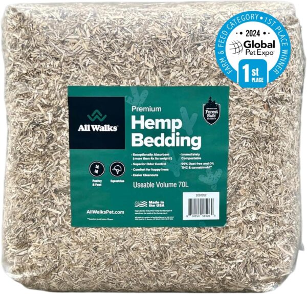 All Walks 70L Hemp Bedding for Chicken Coops, Horses, Ponies, Llama, Emu, Ducks, and Turkeys - 100% Natural, Superior Odor Control, Biodegradable Pet Bedding, Dust-Free - Made in USA