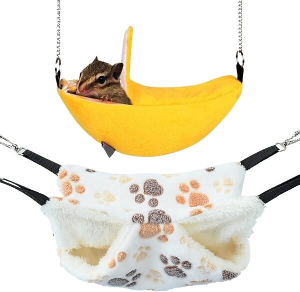 BDSHUNBF 2PCS Hamster Hanging House, Banana Hamster Swing Hammock, Double-Layer Small Pet Cage, Small Animals Soft Plush Pet Accessories, Rat Rabbit Squirrel, Guinea Pig Nap Sack Warm Ferrets Hideout