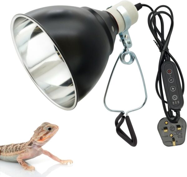 BREUAILY Reptile Heat Lampshade with Clip 100W Aluminum Tortoise Heat Holder with Dimmer Switch Reptile Pet Heat lamp Holder Reptile Heating Guard for UVA/UVB Bulb (7.2inch)