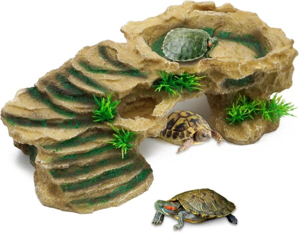 BREUAILY Reptile Ramps Platform Resin Turtle Basking Platform with Climbing Ramp Reptile Hide Cave Habitat Ornament for Bearded Dragon Lizard Frogs