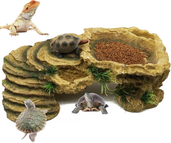 BREUAILY Turtle Basking Platform Large Resin Tortoise Cave Hole Reptile Resting Terrace Shelter Habitat for Bearded Dragon Lizards Fish Amphibians