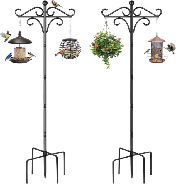 Bird Feeders Hanging Station, 195cm Free Standing Wild Bird Feeder Poles and Hangers Heavy Duty Metal Bird Feeding Stand with Black Hook Shepherd Crook for Outdoor Garden Light Lantern Plant, 2 Pack